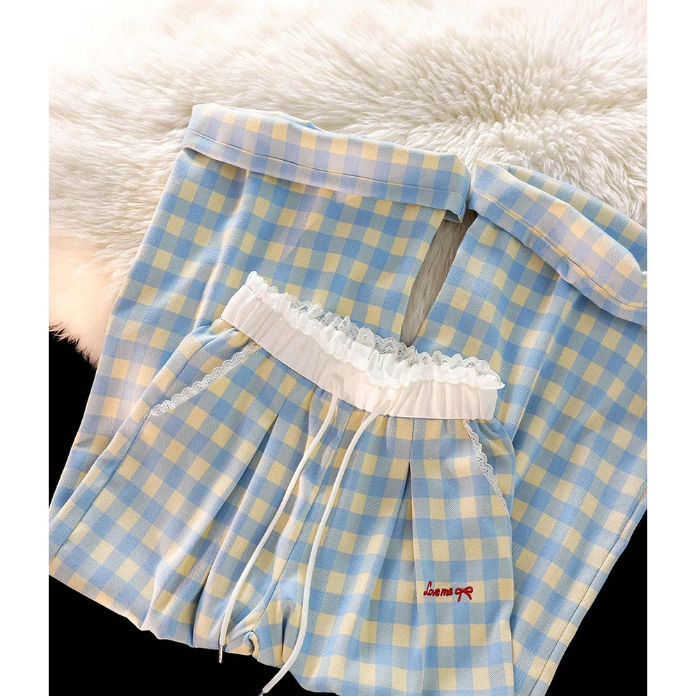 Blue Plaid Casual Pants Women 2025 Spring Autumn Sweet Lace Elastic Waist Drawstring Straight Loose Pants Female Full Trousers
Blue Plaid Casual Pants Women 2025 Spring Autumn Sweet Lace Elastic Waist Drawstring Straight Loose Pants Female Full Trousers