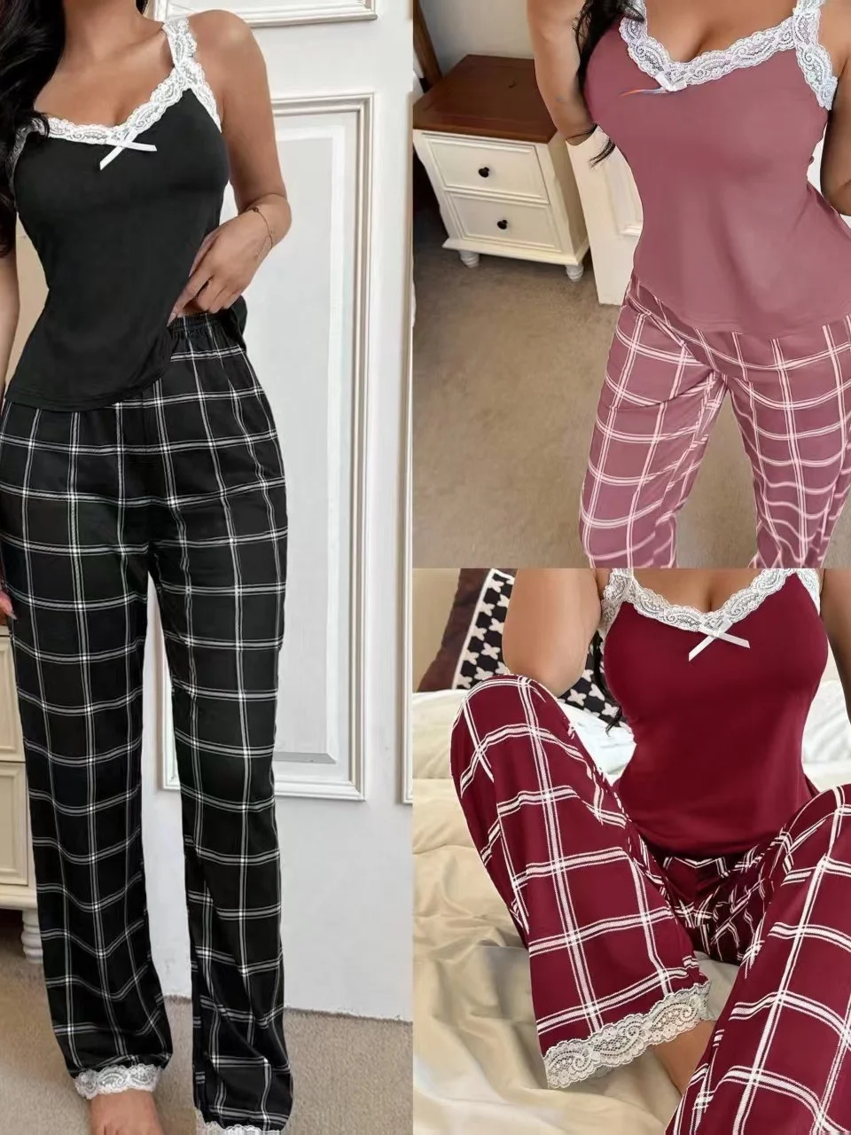 Sexy Lace Strap Vest And Pants Set Long Plaid Home Clothes Two-Piece Set Comfortable Breathable Summer Home Clothes Set
Sexy Lace Strap Vest And Pants Set Long Plaid Home Clothes Two-Piece Set Comfortable Breathable Summer Home Clothes Set