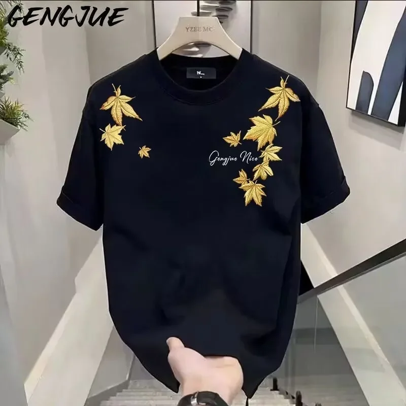 Black Men's Casual T-Shirt with Gold Maple Leaf Embroidery Print Short Sleeve Round Neck Tee for Daily Wear Spring Summer
Black Men's Casual T-Shirt with Gold Maple Leaf Embroidery Print Short Sleeve Round Neck Tee for Daily Wear Spring Summer