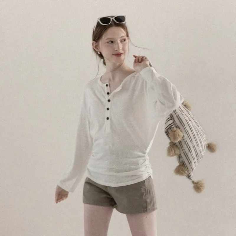 White Henley Neck Long Sleeve T-shirt Women Ruched Waist Casual Thin Top
White Henley Neck Long Sleeve T-shirt Women Ruched Waist Casual Thin Top