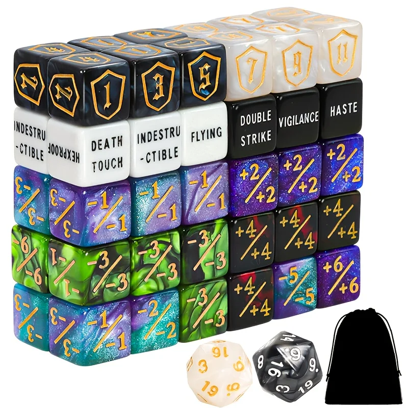 62 Piece Dice Counters, Keyword Tokens, Abilities, Life Counter, 1/+1 Counters, Commander Buff Tokens, Golden 6-Sided Dice
62 Piece Dice Counters, Keyword Tokens, Abilities, Life Counter, 1/+1 Counters, Commander Buff Tokens, Golden 6-Sided Dice