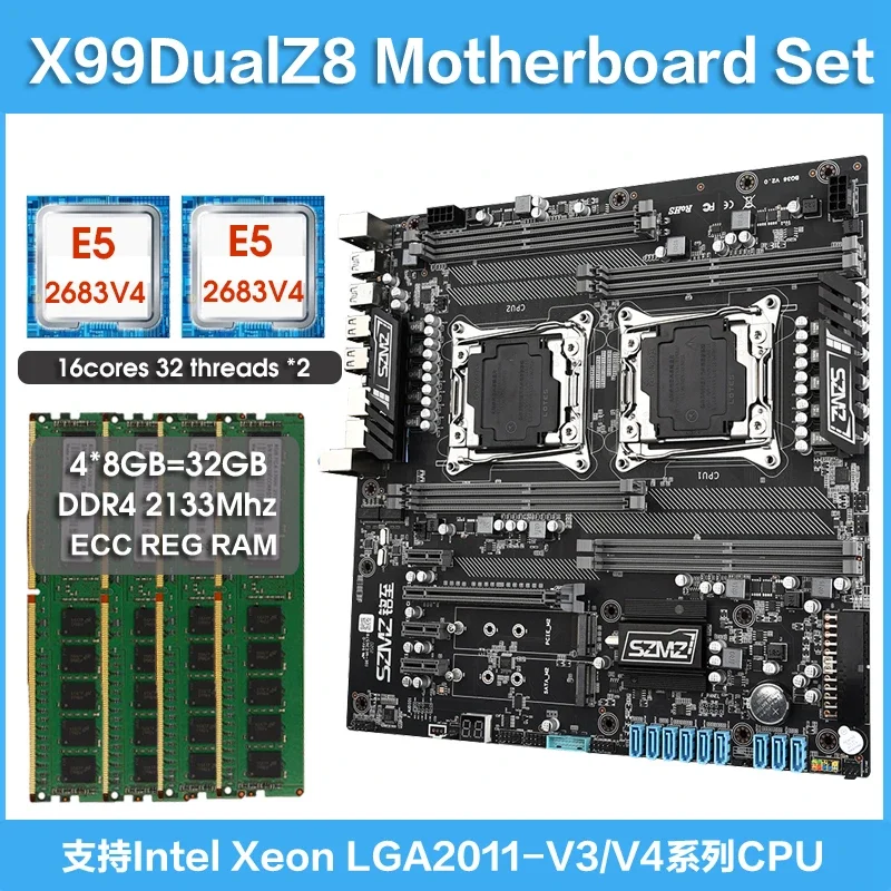X99 DUAL Z8 Gaming Motherboard Combo Set kit with 2 Pcs xeon E5 2683 V4 CPU and 32GB(4*8GB) DDR4 2133MHz ECC RAM placa mae x99
X99 DUAL Z8 Gaming Motherboard Combo Set kit with 2 Pcs xeon E5 2683 V4 CPU and 32GB(4*8GB) DDR4 2133MHz ECC RAM placa mae x99