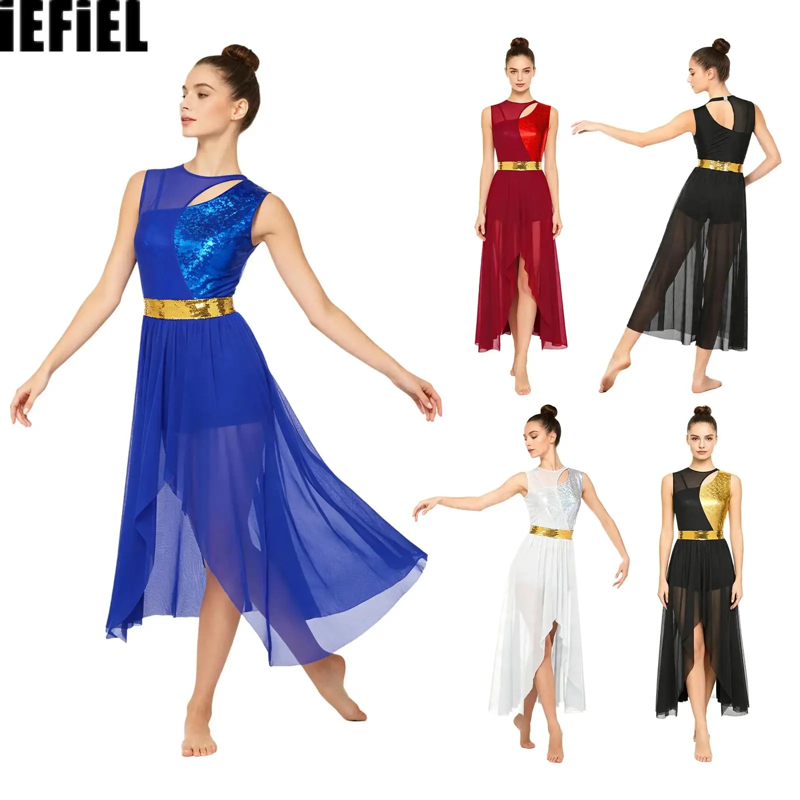 Women Lyrical Dance Dress with Sequined Waist Belt Metallic Shiny Patchwork Irregular Mesh Hem Dress
Women Lyrical Dance Dress with Sequined Waist Belt Metallic Shiny Patchwork Irregular Mesh Hem Dress