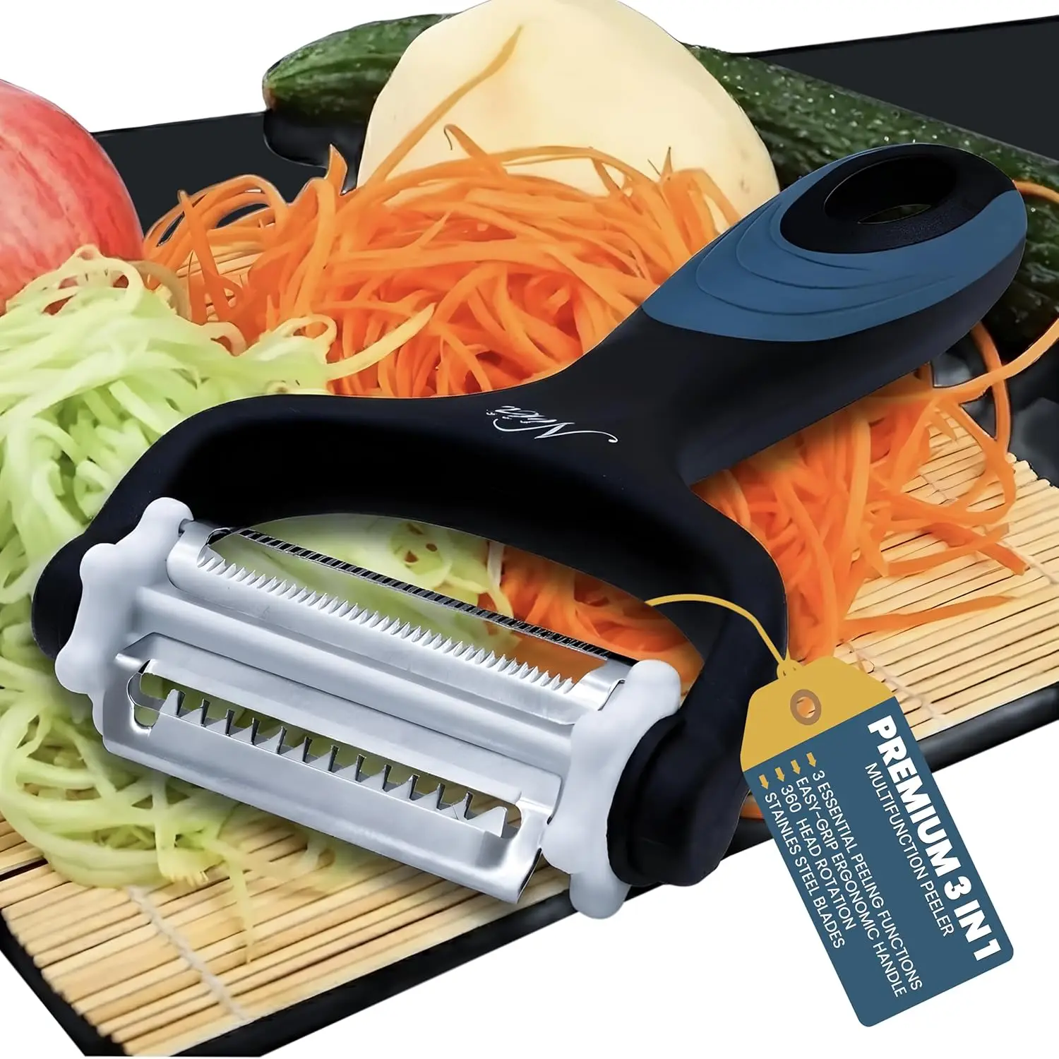 3-Blade Julienne Peeler, 360° Rotating Y Peeler for Vegetables and Fruits, Stainless Steel with Ergonomic Handle
3-Blade Julienne Peeler, 360° Rotating Y Peeler for Vegetables and Fruits, Stainless Steel with Ergonomic Handle
