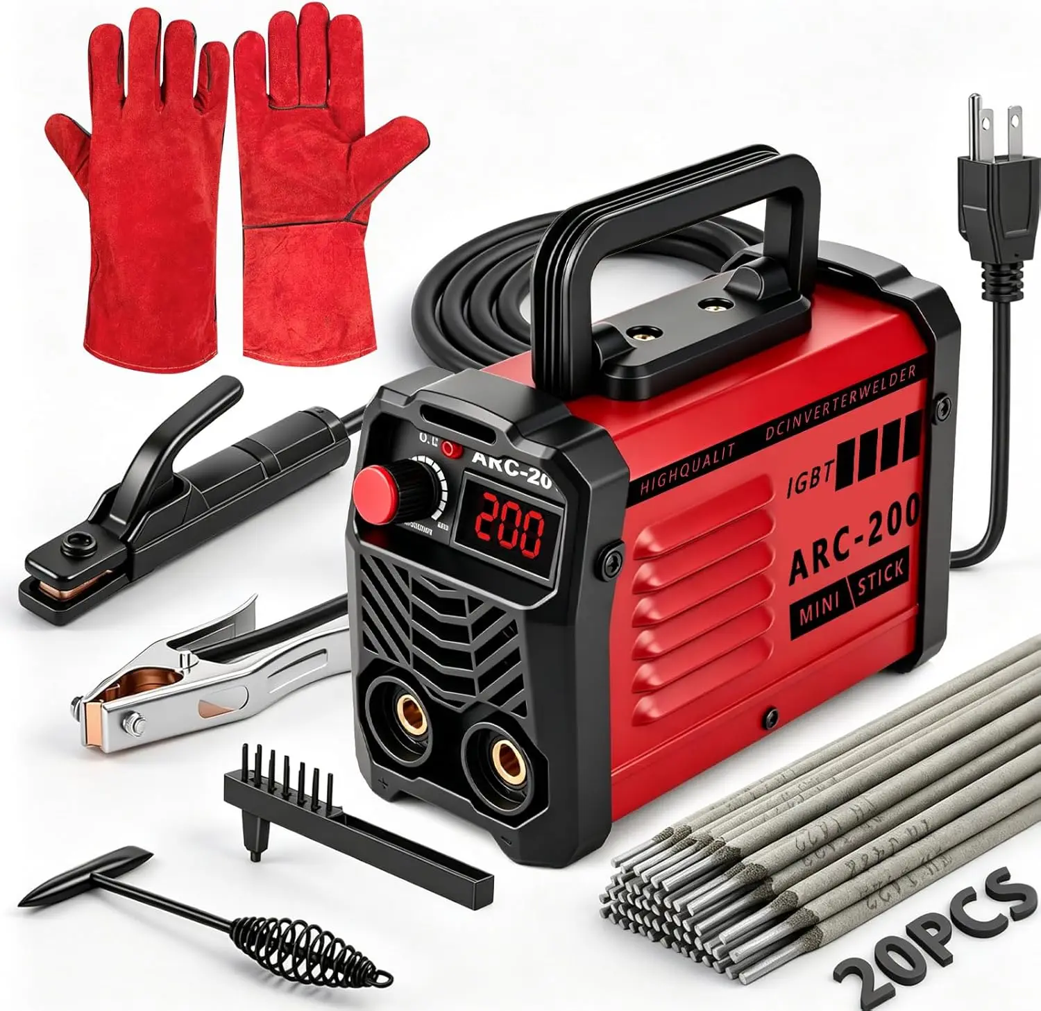 200A Portable Stick Welder, Mini IGBT Inverter 110V, Hot Start Arc Force Anti-Stick, 20 Rods & 2 Chip Hammers
200A Portable Stick Welder, Mini IGBT Inverter 110V, Hot Start Arc Force Anti-Stick, 20 Rods & 2 Chip Hammers