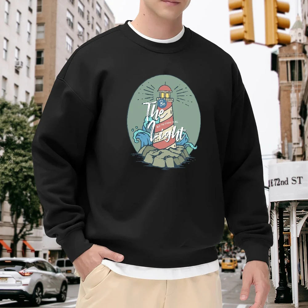 Men's Black Crew Neck Pullover Sweatshirt with Fun Lighthouse Print, Casual Top, Loose Fit, Comfortable for Everyday Street Style, Versatile Trendy Item for Autumn and Winter
Men's Black Crew Neck Pullover Sweatshirt with Fun Lighthouse Print, Casual Top, Loose Fit, Comfortable for Everyday Street Style, Versatile Trendy Item for Autumn and Winter