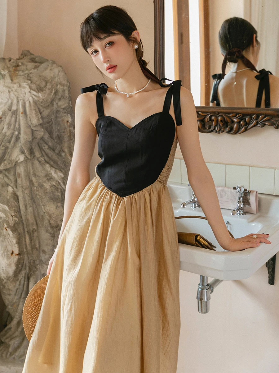 Miorastudio Vintage Heart Collar Cafe Color Splicing Strap Dress Knot Elegant Long Dress Women Summer A-Line Skirt
Miorastudio Vintage Heart Collar Cafe Color Splicing Strap Dress Knot Elegant Long Dress Women Summer A-Line Skirt