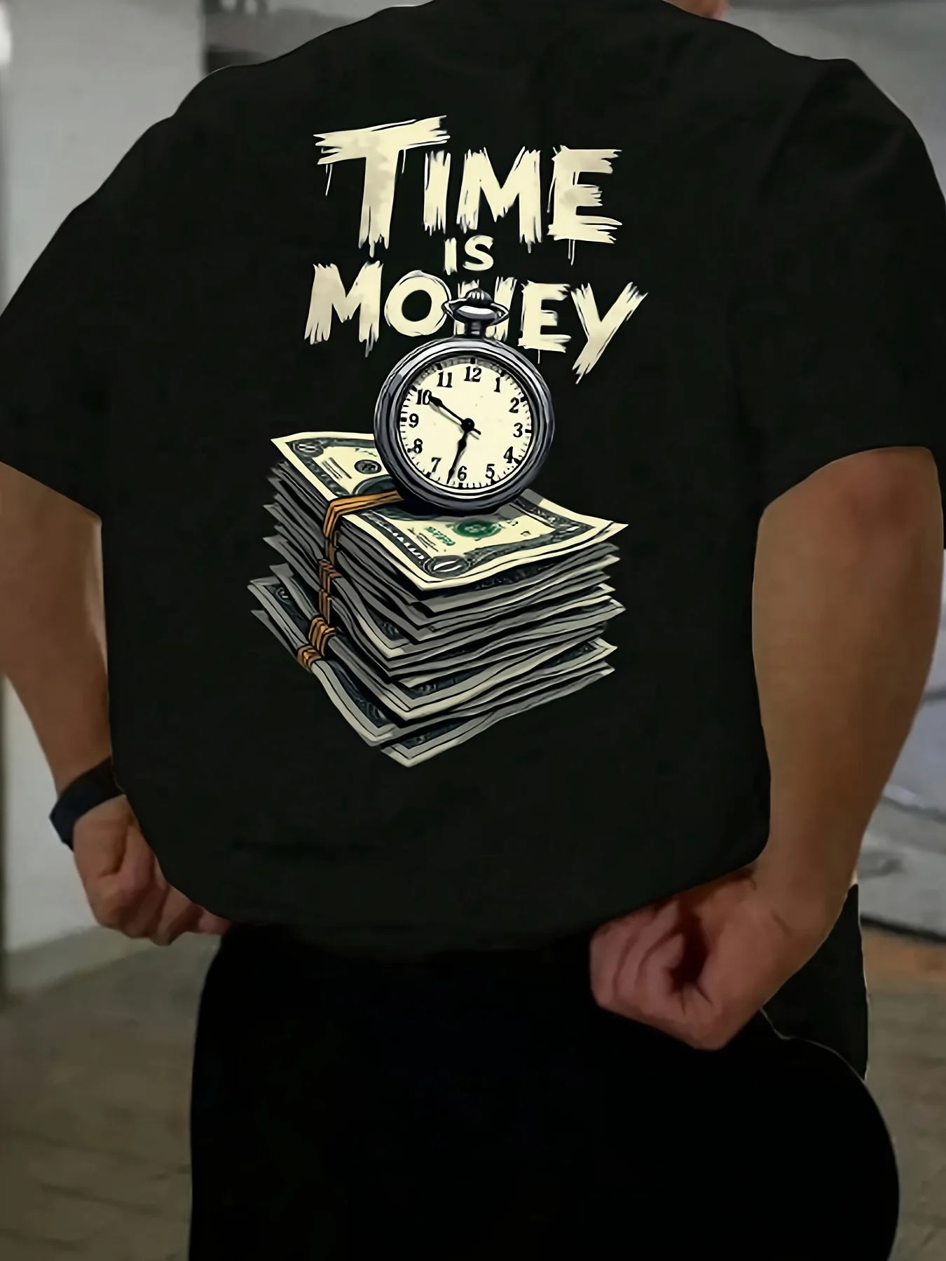Men's casual short-sleeved T-shirt, with a prominent "Time is Money" pattern and a dollar clock design top
Men's casual short-sleeved T-shirt, with a prominent "Time is Money" pattern and a dollar clock design top