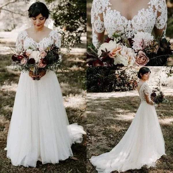 Elegant Country A-Linees Long Sleeves Lace Appliques Top V-Neck Ivory Tulle Wedding Gowns Court Train Open Back Boho Bride
Elegant Country A-Linees Long Sleeves Lace Appliques Top V-Neck Ivory Tulle Wedding Gowns Court Train Open Back Boho Bride
