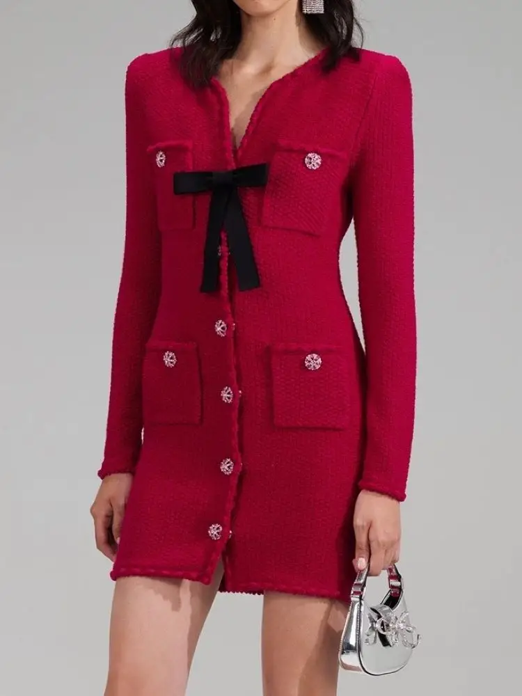 Women's Red Knitted Dress Bow O-Neck Single Breasted Long Sleeve Elegant Spring 2024 Mini Robe
Women's Red Knitted Dress Bow O-Neck Single Breasted Long Sleeve Elegant Spring 2024 Mini Robe