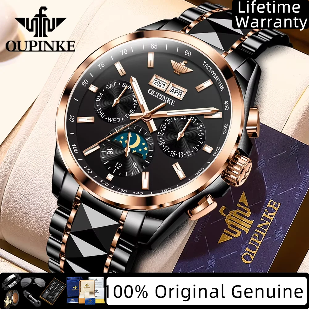 OUPINKE Moon Phase Luxury Man Watch Multi-functional Automatic Mens Watches Tungsten Steel Waterproof Mechanical Wristwatch 3238
OUPINKE Moon Phase Luxury Man Watch Multi-functional Automatic Mens Watches Tungsten Steel Waterproof Mechanical Wristwatch 3238