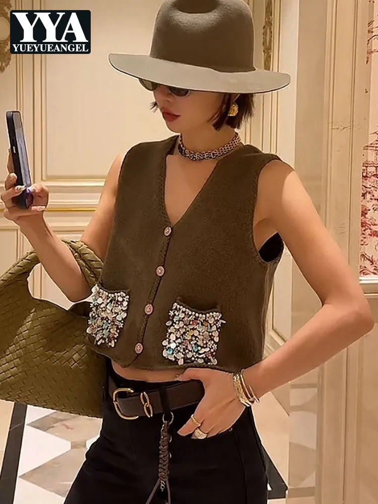 Streetwear Vintage Women Colorful Sequined Pockets V Neck Vest Sleeveless Knit Top Short Style Single Breasted Casual Waistcoat
Streetwear Vintage Women Colorful Sequined Pockets V Neck Vest Sleeveless Knit Top Short Style Single Breasted Casual Waistcoat