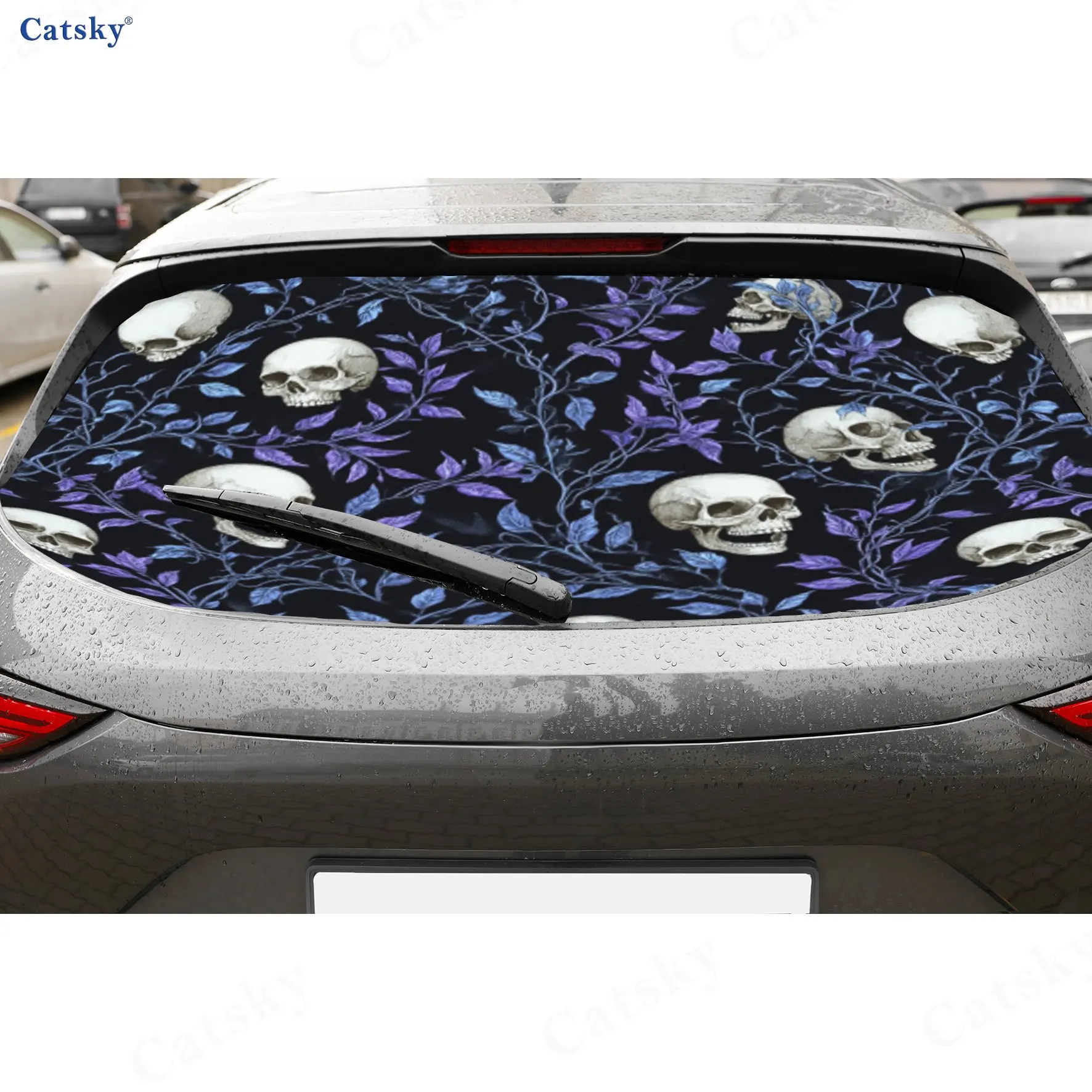 Flowers And Skeletons PVC Perforated Car Vinyl Wraps, Privacy Enhancing Design For Rear Window, Car Rear Windshield Sticker
