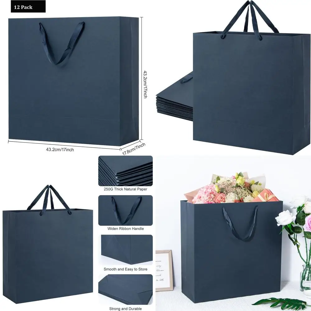 Large 17x7x17 Navy Blue Kraft Paper Gift Bags, 12 Pack with Handles, Heavy Duty Matte Tote for Shopping, Parties, and Business
Large 17x7x17 Navy Blue Kraft Paper Gift Bags, 12 Pack with Handles, Heavy Duty Matte Tote for Shopping, Parties, and Business
