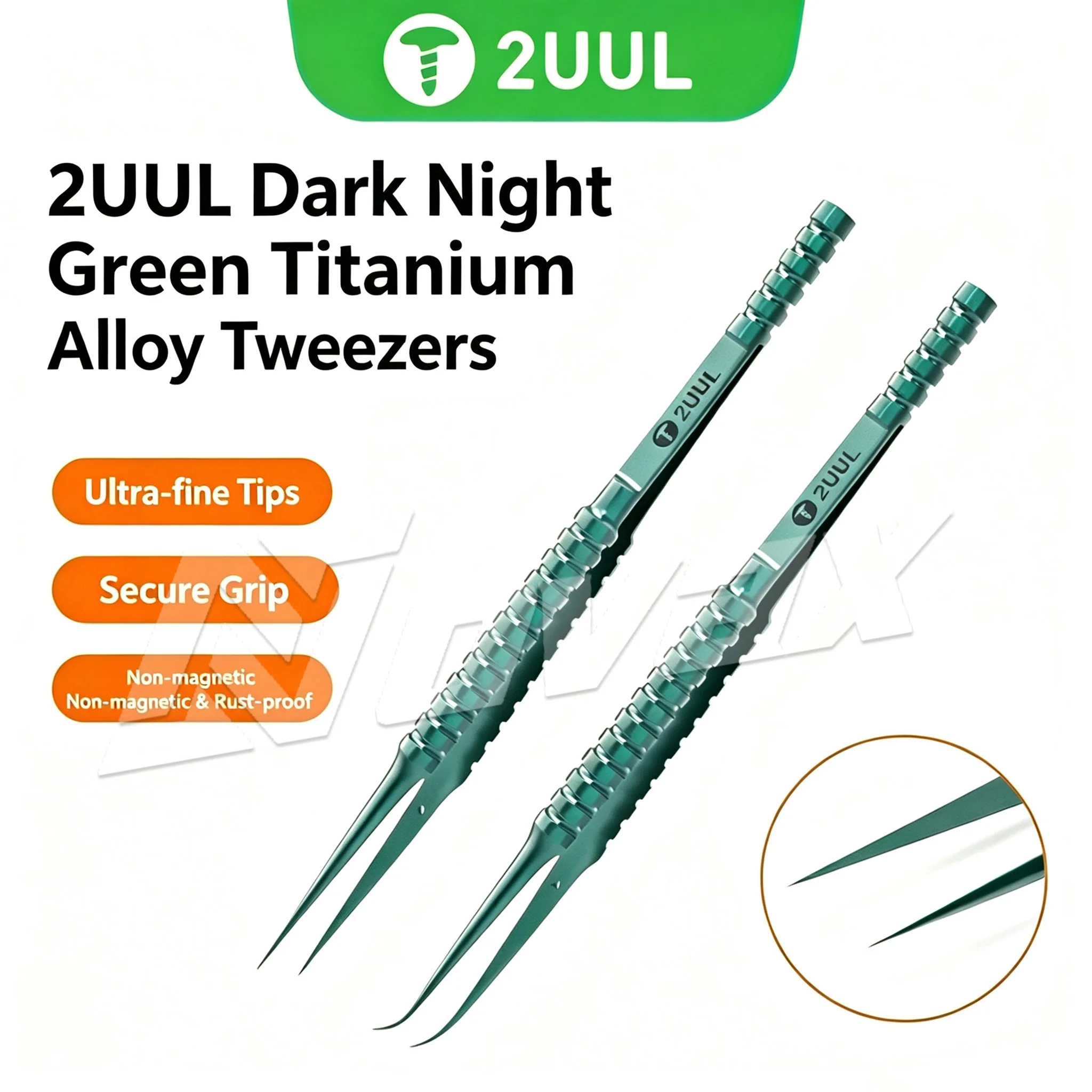 2UUL Dark Night Green Ti01 Ti02 Titanium Alloy Tweezers, High Precision Anti Corrosion and Anti Static Superhard Tweezers
2UUL Dark Night Green Ti01 Ti02 Titanium Alloy Tweezers, High Precision Anti Corrosion and Anti Static Superhard Tweezers