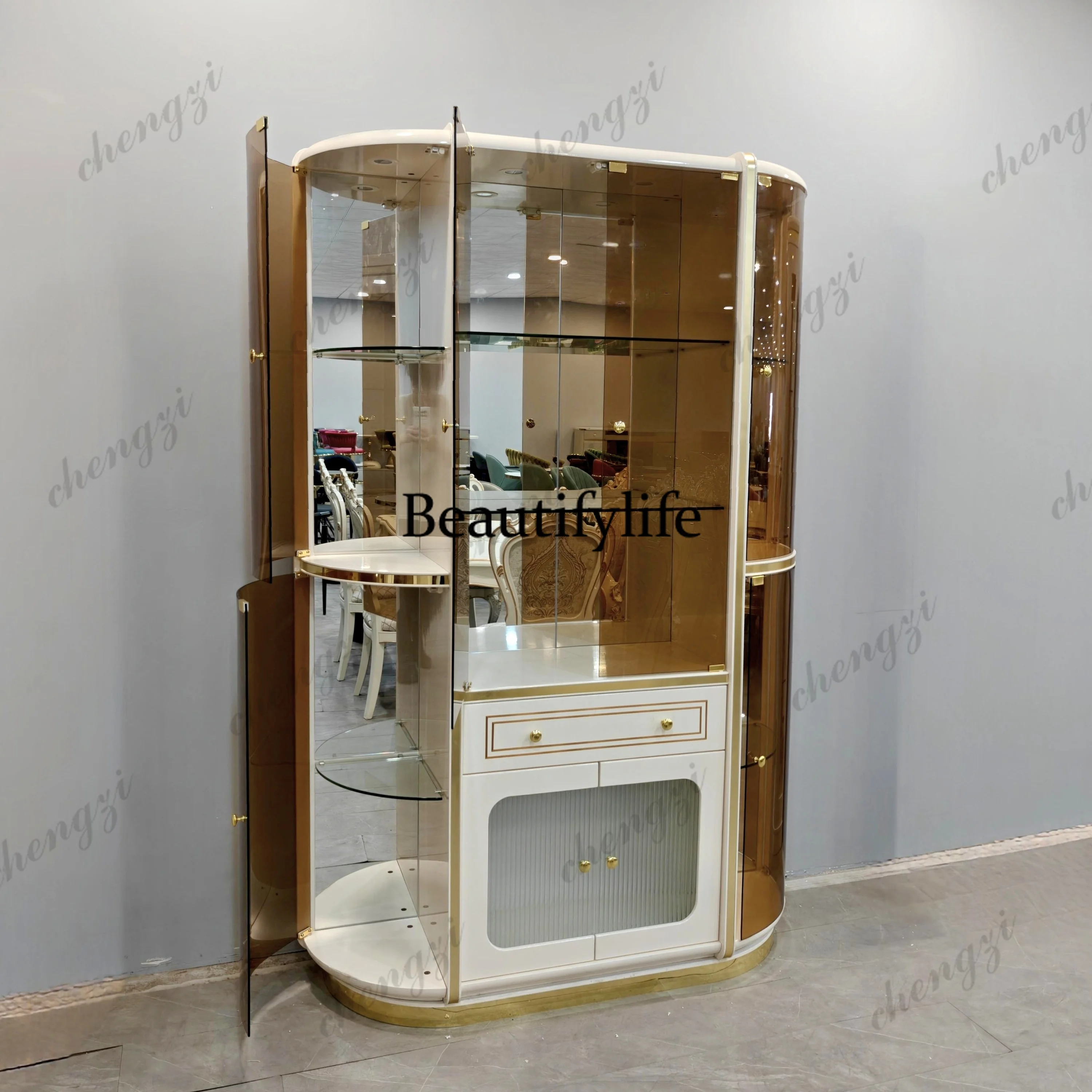 TTT Modern Elegant White & Gold Trim Wine Cabinet Light Luxury Curved Glass Corner For Home Wood Panel Style
TTT Modern Elegant White & Gold Trim Wine Cabinet Light Luxury Curved Glass Corner For Home Wood Panel Style
