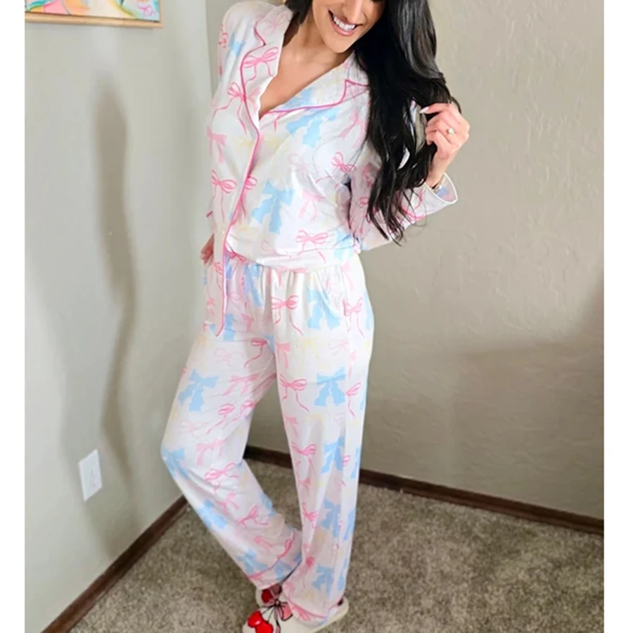 Bow Pajama Sets for Women Fashionable Lapel V Neck Long Sleeve Button Down Tops and Pants Soft Sleepwear
Bow Pajama Sets for Women Fashionable Lapel V Neck Long Sleeve Button Down Tops and Pants Soft Sleepwear