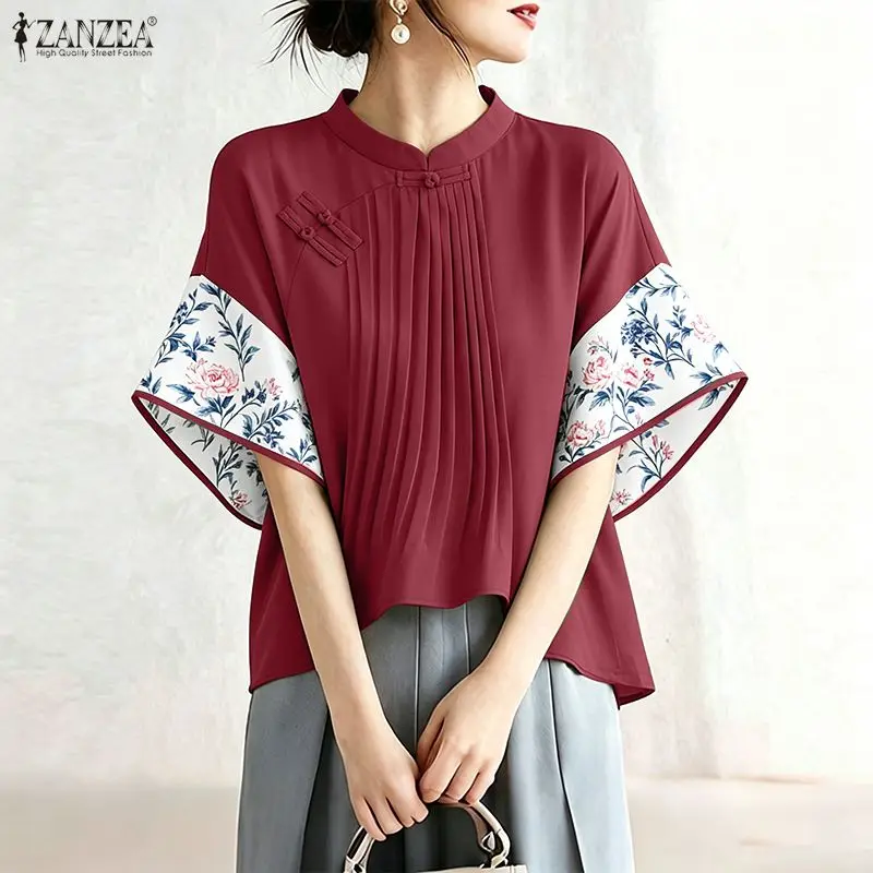 Women Summer Patchwork Blouse ZANZEA Elegant Pleated Work Shirt Stand Neck Short Sleeve Tops Retro Printed Blusas Chinese Style
Women Summer Patchwork Blouse ZANZEA Elegant Pleated Work Shirt Stand Neck Short Sleeve Tops Retro Printed Blusas Chinese Style