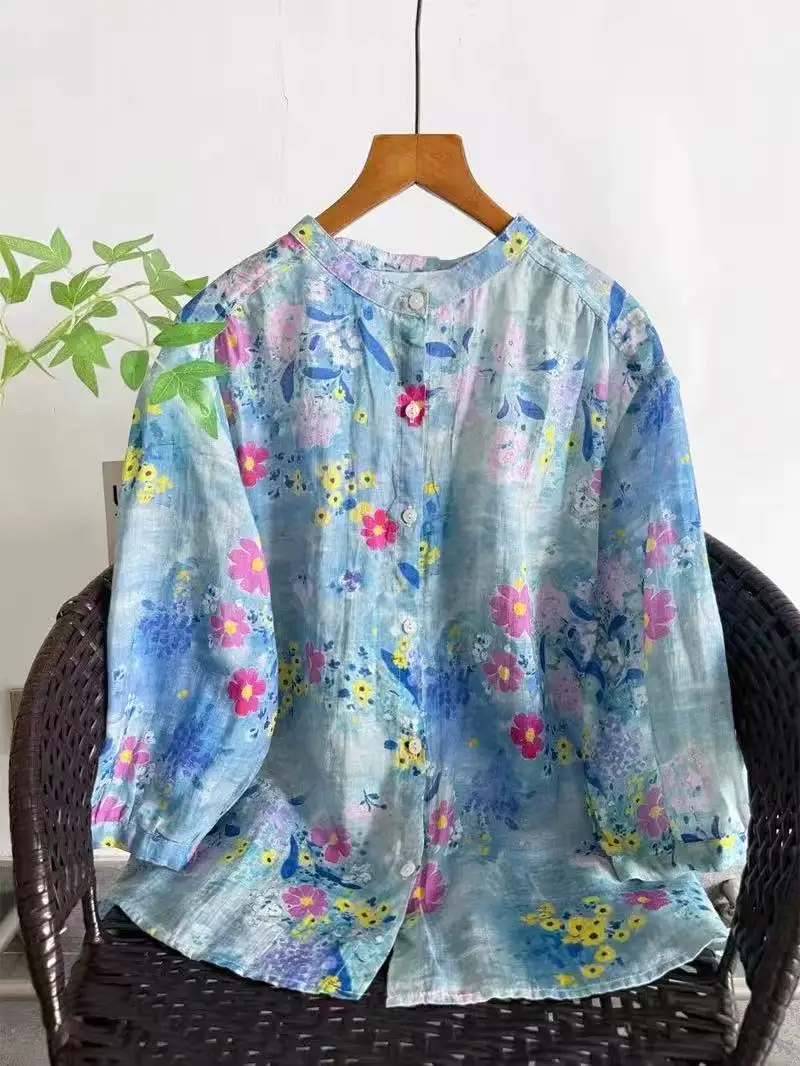 2026 Women's Pure Ramie Vintage Blue Watercolor Floral Linen Blouse, Stand Collar Button Down 3/4 Sleeve Boho Shirt
2026 Women's Pure Ramie Vintage Blue Watercolor Floral Linen Blouse, Stand Collar Button Down 3/4 Sleeve Boho Shirt