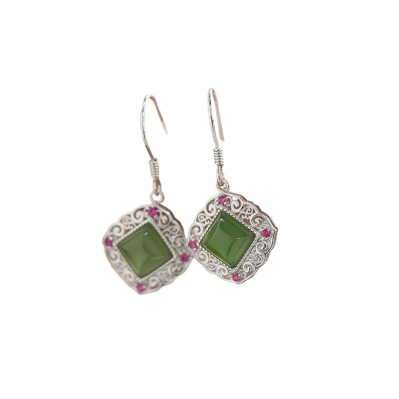 925 silver Hetian jade jasper rhombus grass pattern ear hook Guochao ethnic style new Chinese earrings earrings
925 silver Hetian jade jasper rhombus grass pattern ear hook Guochao ethnic style new Chinese earrings earrings