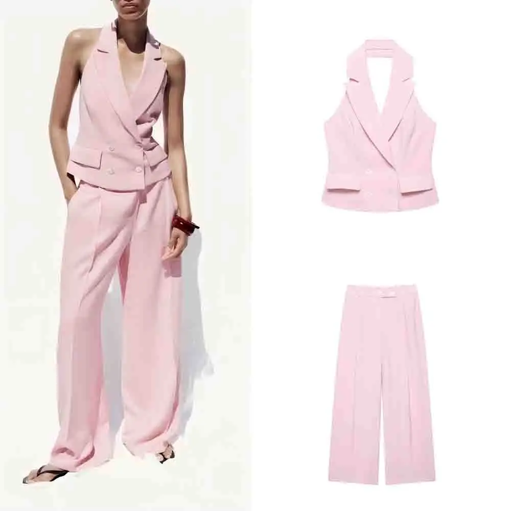 Women's 2025 New fashion slim double breasted hanging neck top retro sleeveless backless women's vest chic top+Pants suit
Women's 2025 New fashion slim double breasted hanging neck top retro sleeveless backless women's vest chic top+Pants suit