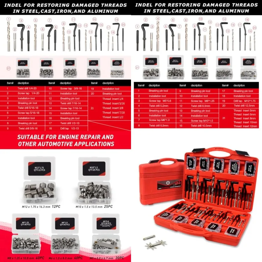 338Pc Thread Repair Kit, HSS Drill Helicoil Repair Kit SAEMetric1/4 5/16 3/8 7/16 1/2 M5 M6 M8 M10 M12 Kit with Thread Gauge
338Pc Thread Repair Kit, HSS Drill Helicoil Repair Kit SAEMetric1/4 5/16 3/8 7/16 1/2 M5 M6 M8 M10 M12 Kit with Thread Gauge