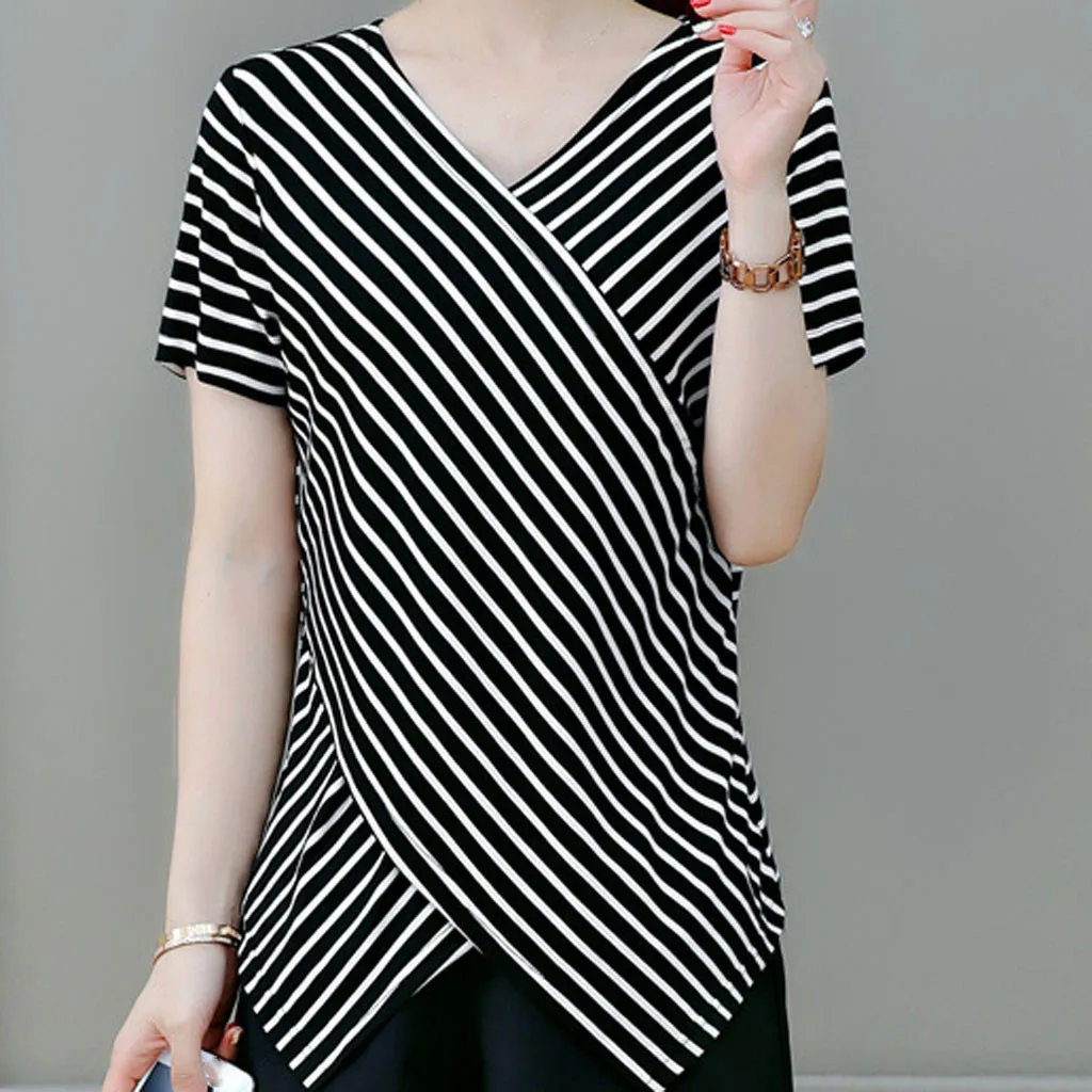 Sexy Women Summer Tops Stripe Shirts Short Sleeve V Neck Irregular Blouse Korean Woman Lady Tops Clothes
Sexy Women Summer Tops Stripe Shirts Short Sleeve V Neck Irregular Blouse Korean Woman Lady Tops Clothes