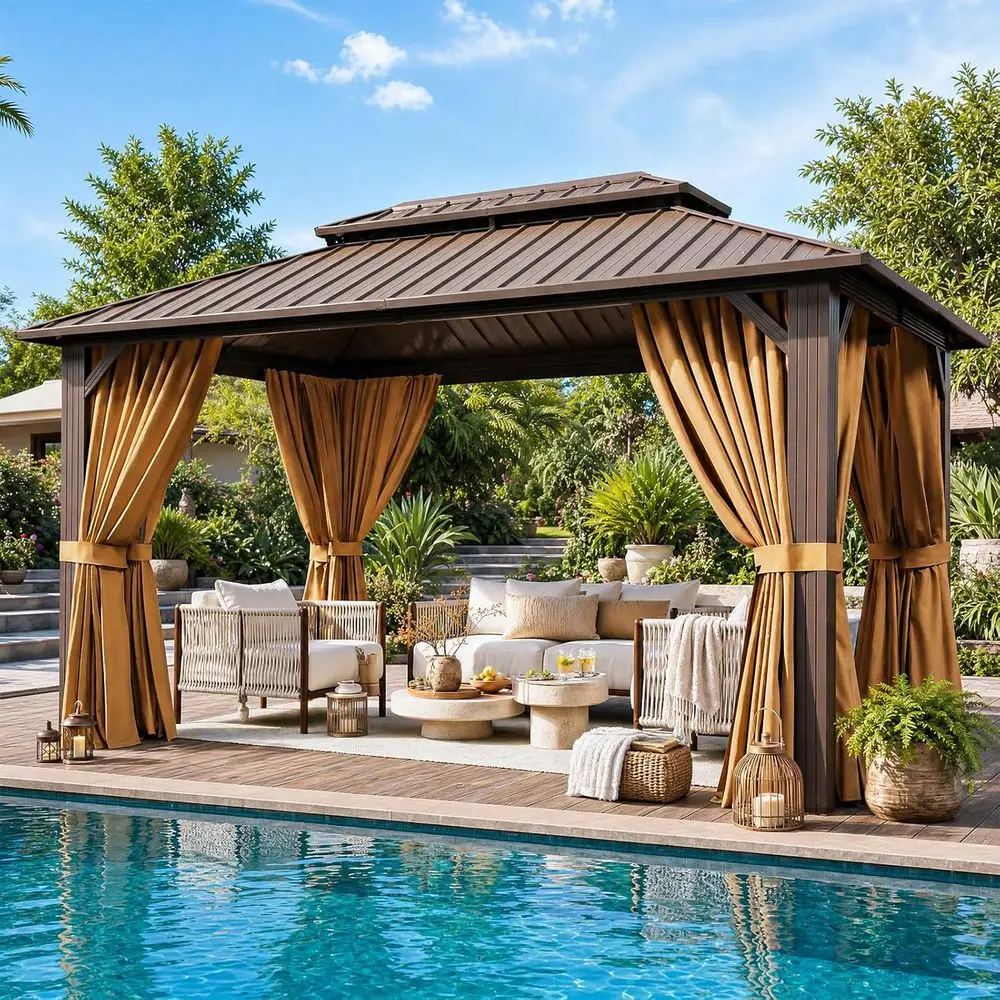 10x12T Hardtop Gazebo, Metal e with Double Galvanized Steel Roo, Permanent Outdoor Pergola with Curtains and Netting Included or
10x12T Hardtop Gazebo, Metal e with Double Galvanized Steel Roo, Permanent Outdoor Pergola with Curtains and Netting Included or