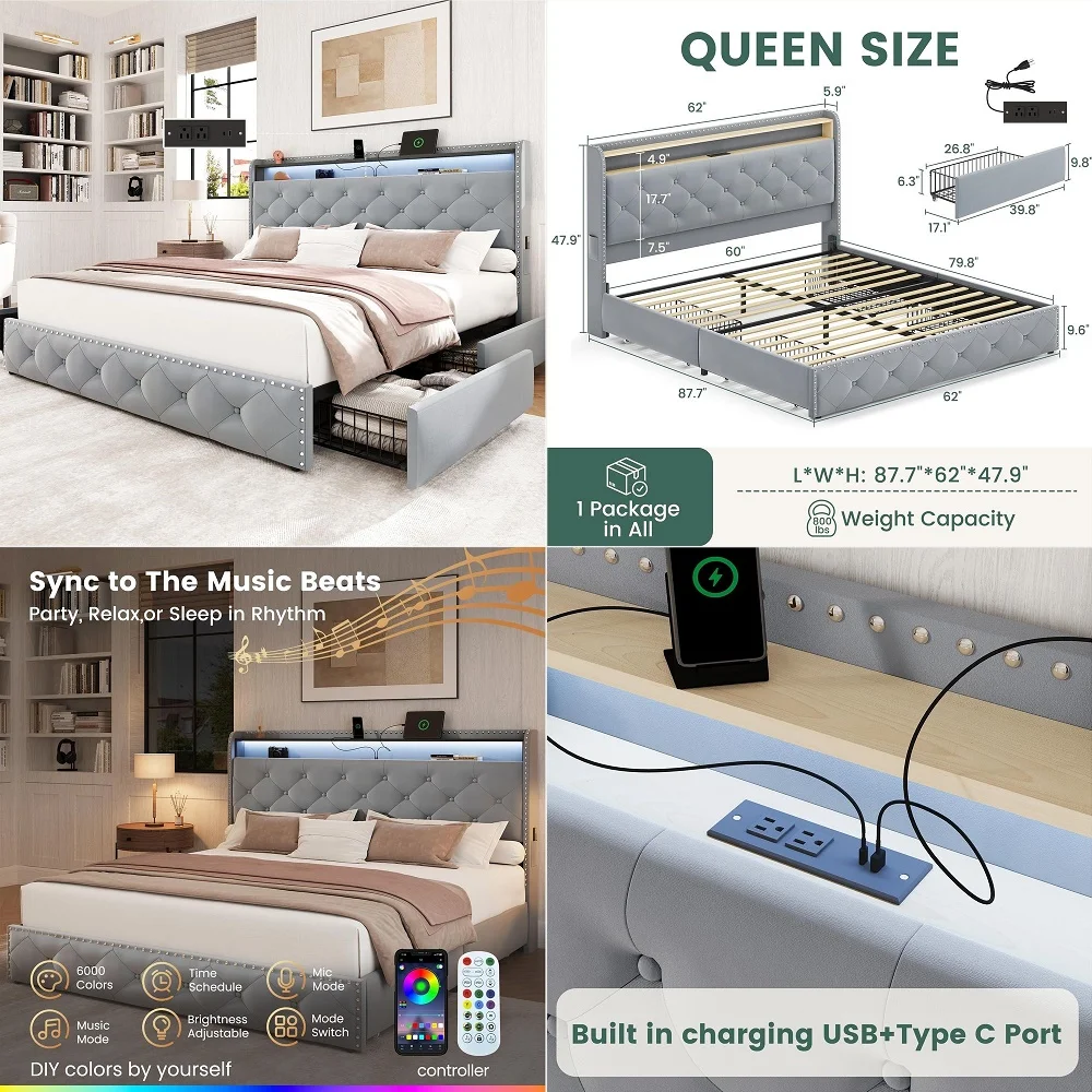 Queen Size Bed Frame with Headboard Upholstered Tufted LED Platform Bed Frame Queen with 4 Storage DrawersampUSB,TypeC Charging
Queen Size Bed Frame with Headboard Upholstered Tufted LED Platform Bed Frame Queen with 4 Storage DrawersampUSB,TypeC Charging