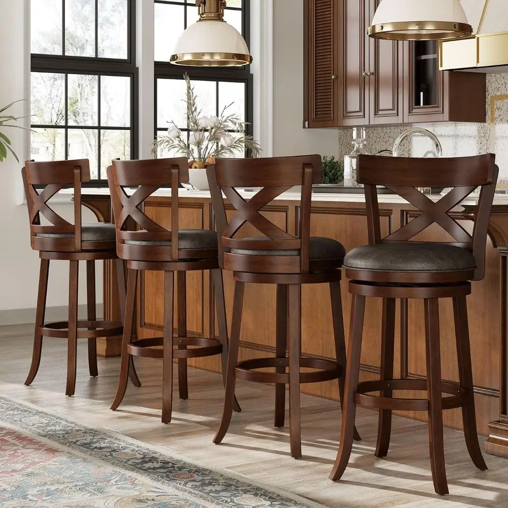 Set of 4 30 High Back Swivel Bar Stools with Walnut Legs and Brown Faux Leather Seats
Set of 4 30 High Back Swivel Bar Stools with Walnut Legs and Brown Faux Leather Seats