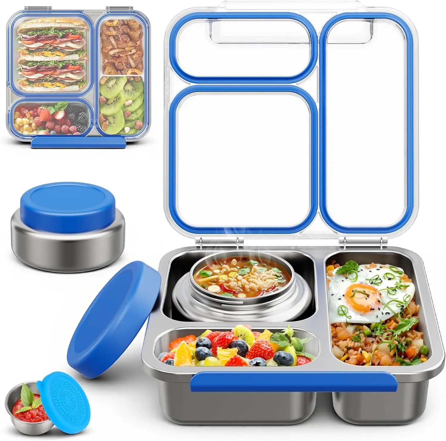 Stainless Steel Bento Box with 7oz Soup Thermo, 3 Compartments & Sauce Cup, BPA-Free Blue Lunch Container
Stainless Steel Bento Box with 7oz Soup Thermo, 3 Compartments & Sauce Cup, BPA-Free Blue Lunch Container