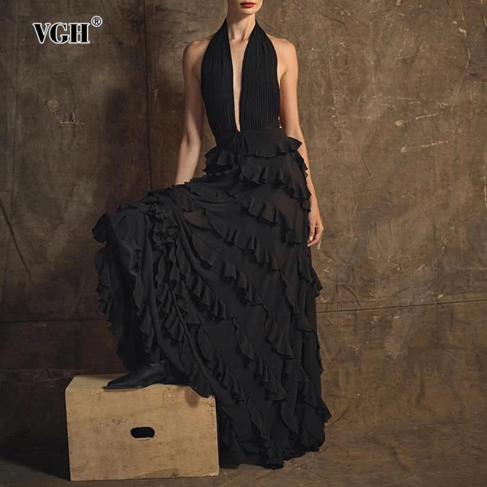 VGH Solid Slimming Sexy Spliced Folds Dresses For Women Deep V Neck Sleeveless Backless High Waist Temperament Dress Female New
VGH Solid Slimming Sexy Spliced Folds Dresses For Women Deep V Neck Sleeveless Backless High Waist Temperament Dress Female New