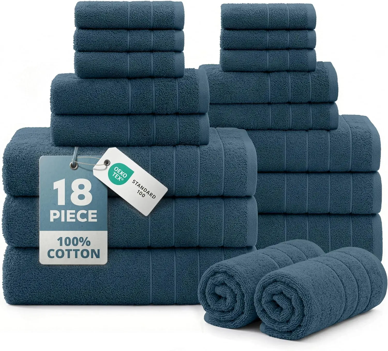 18-Pc Luxury Cotton Towel Set: Super Soft, Quick Dry & Absorbent - 6 Bath, 6 Hand, 6 Washcloth - Hotel Quality for Spa & Bathroom - Steel Blue
18-Pc Luxury Cotton Towel Set: Super Soft, Quick Dry & Absorbent - 6 Bath, 6 Hand, 6 Washcloth - Hotel Quality for Spa & Bathroom - Steel Blue