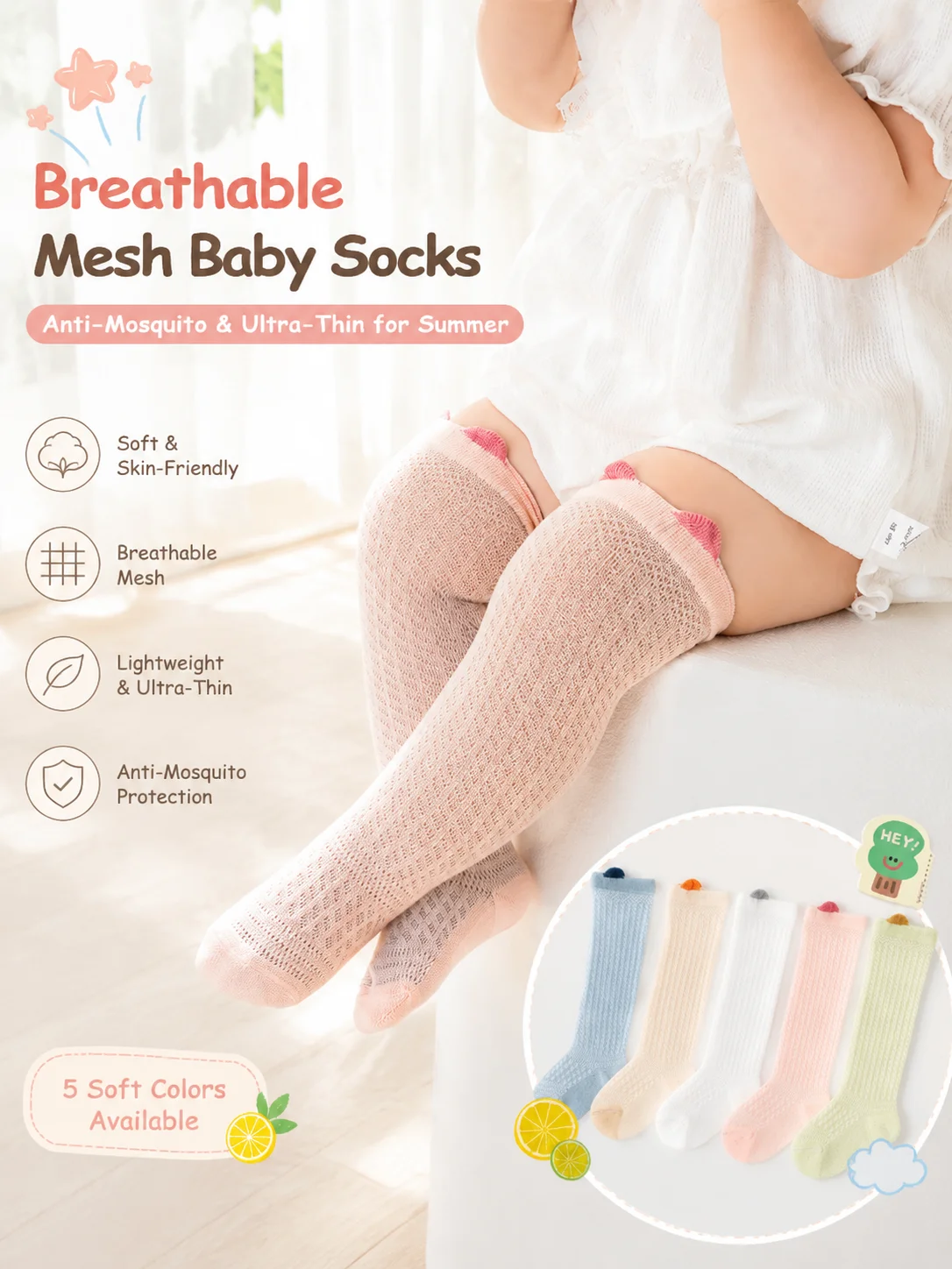 5 pairs Baby Knee High Socks, Summer Mesh Breathable Anti-Mosquito Long Socks, Stretch Soft Thin Toddler Over the Calf Socks for Infant Girls Boys Leg Protection
5 pairs Baby Knee High Socks, Summer Mesh Breathable Anti-Mosquito Long Socks, Stretch Soft Thin Toddler Over the Calf Socks for Infant Girls Boys Leg Protection