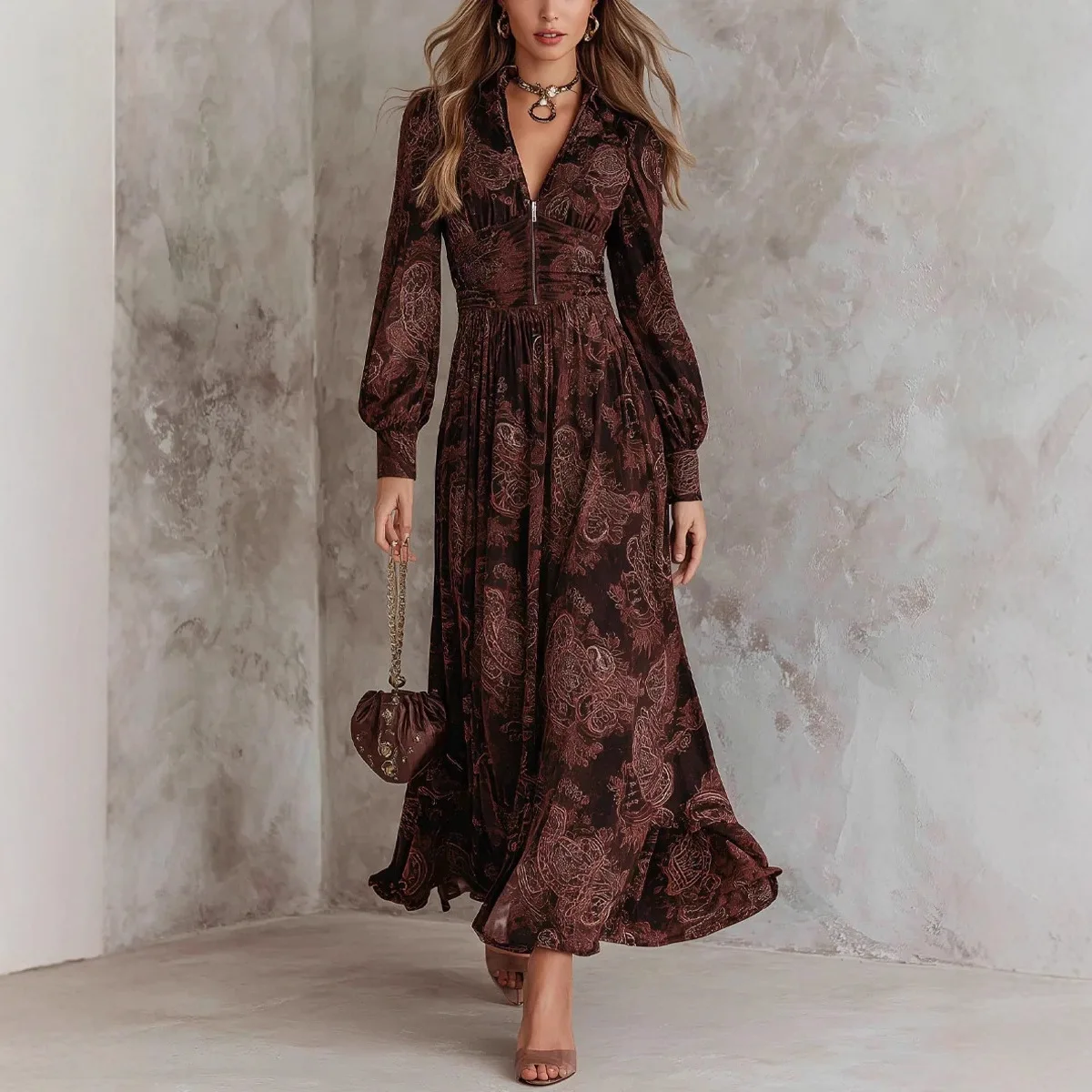 New Fashion Zipper Printed Ruffle Dress Women Autumn Casual Loose Retro Color Matching V-neck Long-sleeved Dresses For Women
New Fashion Zipper Printed Ruffle Dress Women Autumn Casual Loose Retro Color Matching V-neck Long-sleeved Dresses For Women