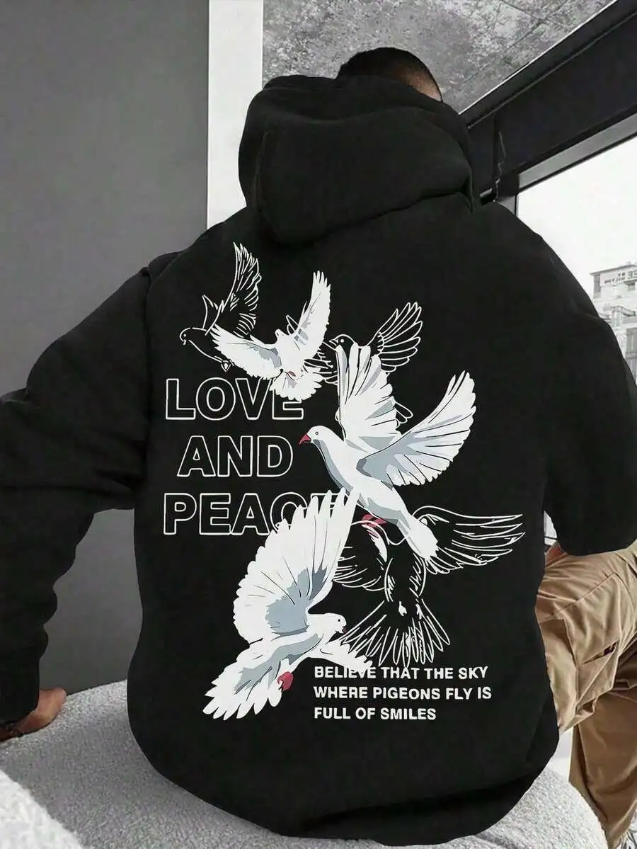 Mens Black Hooded Sweatshirt With Love And Peace Pigeon Print Casual Long Sleeve Pullover
Mens Black Hooded Sweatshirt With Love And Peace Pigeon Print Casual Long Sleeve Pullover