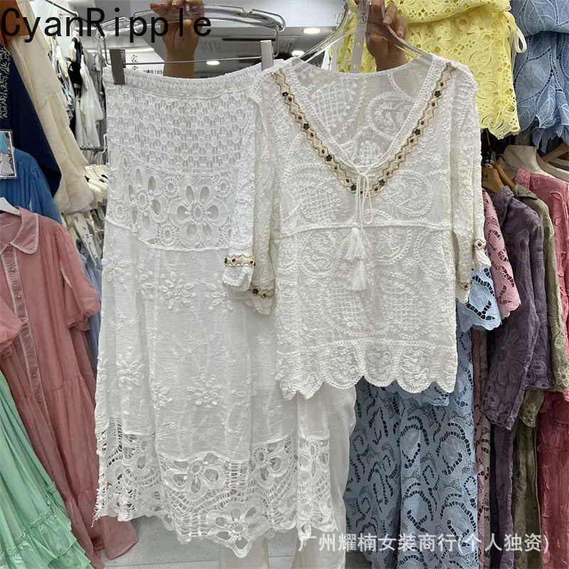 New Spring Summer Vintage Women Two-piece Set Hollow Out V-neck Half Sleeve Loose Pullover Top + Elastic Waist Mid-length Skirts
New Spring Summer Vintage Women Two-piece Set Hollow Out V-neck Half Sleeve Loose Pullover Top + Elastic Waist Mid-length Skirts