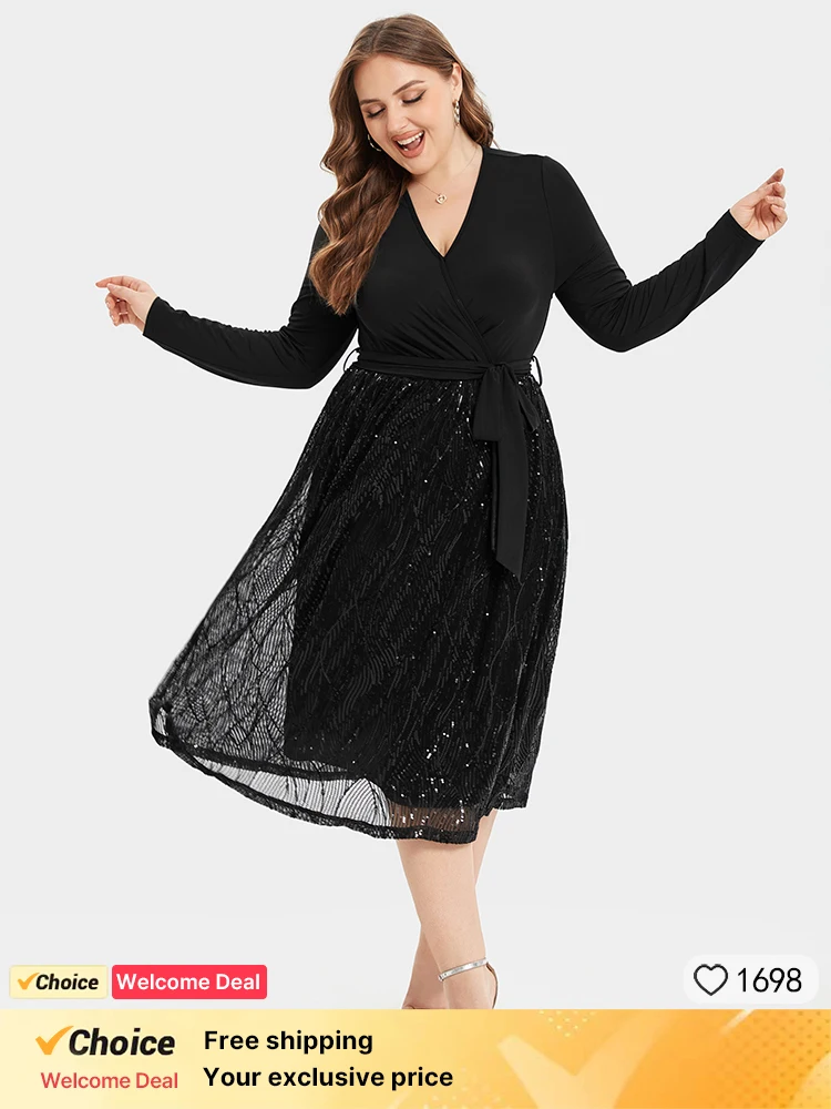 

Plus Sized Clothing V-Neck Sequin Patchwork Party Midi Dress Solid Long Sleeve Belted Elegant Party Dresses For Women