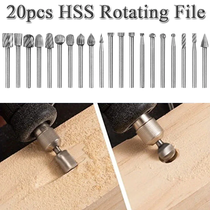 20pcs Woodworking Rotating File Set HSS 3MM Round Handle Wood Carving Polishing Head Mill Cutter Tools Carpentry Accessories
20pcs Woodworking Rotating File Set HSS 3MM Round Handle Wood Carving Polishing Head Mill Cutter Tools Carpentry Accessories