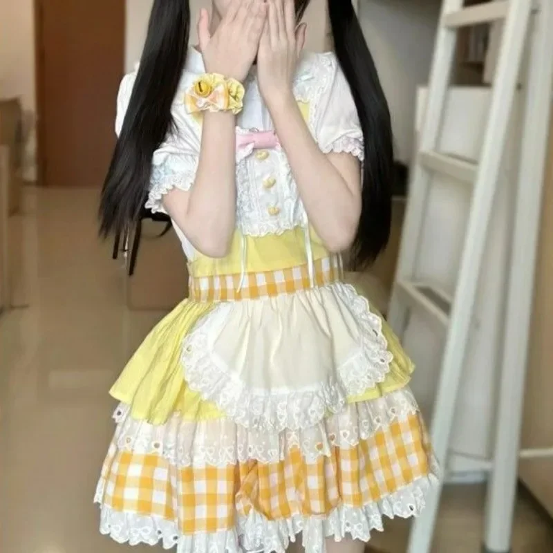 Yellow Sweet Lolita Style 2 Piece Set Peter Pan Collar Cute Blouse Kawaii Party Suits Women Korean Fashion Bow Plaid Strap Dress
Yellow Sweet Lolita Style 2 Piece Set Peter Pan Collar Cute Blouse Kawaii Party Suits Women Korean Fashion Bow Plaid Strap Dress