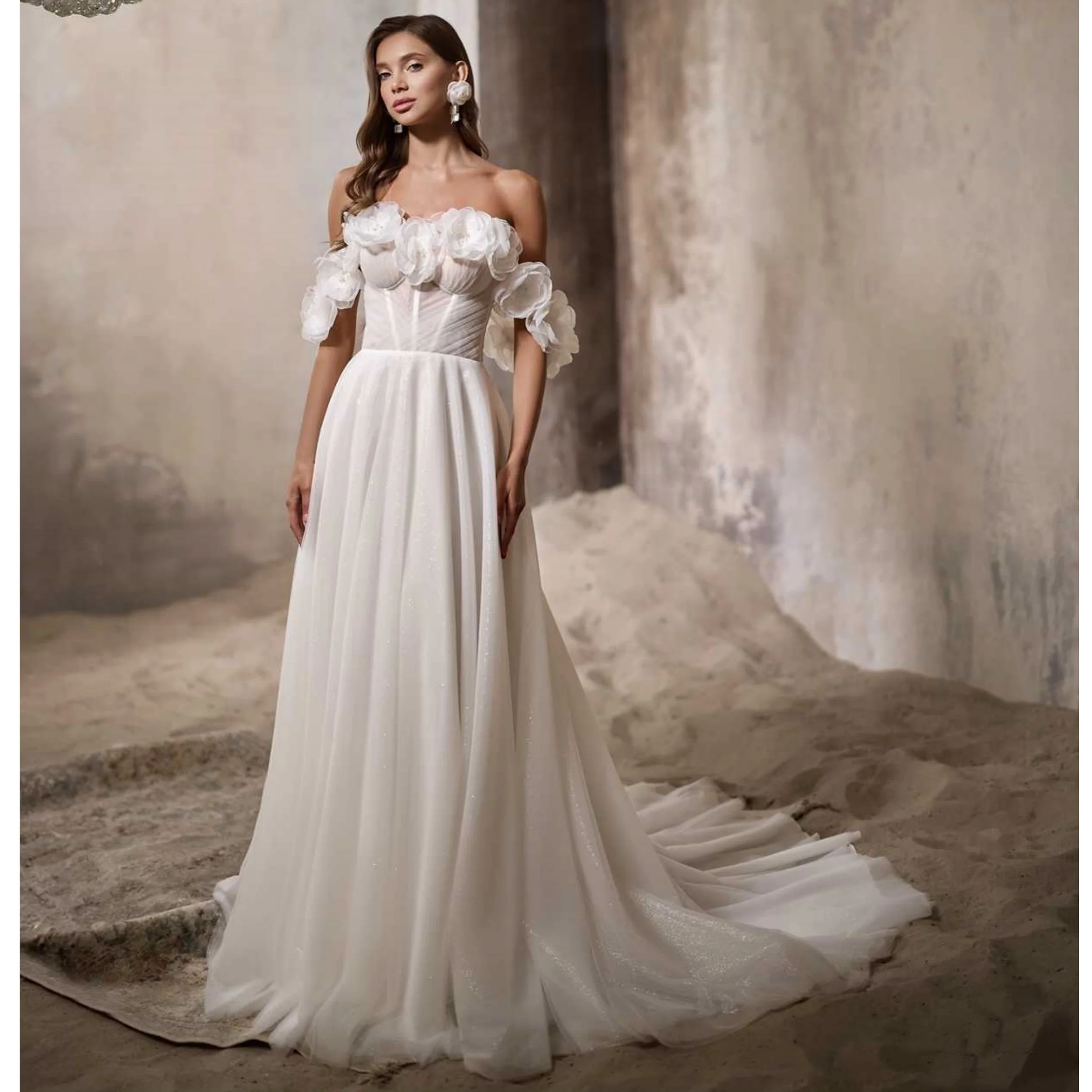 A Line WhiteWedding Dresses Illusion Flowers Off Shoulder Sleeveless Vestidos de Novia Backless Tulle Bridal Robes de Soriee
A Line WhiteWedding Dresses Illusion Flowers Off Shoulder Sleeveless Vestidos de Novia Backless Tulle Bridal Robes de Soriee