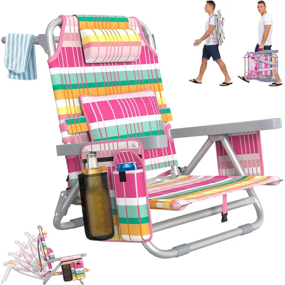 Adjustable 5-Position Backpack Beach Chair for All Ages with Cooler Bag, Cup Holder, and Lumbar Support (Rainbow Pink)
Adjustable 5-Position Backpack Beach Chair for All Ages with Cooler Bag, Cup Holder, and Lumbar Support (Rainbow Pink)