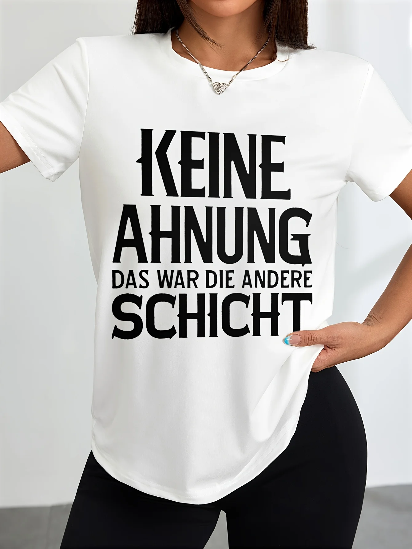 Women's Casual Short Sleeve T-Shirt with Bold German Slogan Print - White & Black Graphic Tee, Round Neck Summer Top, Regular Fi 
Women's Casual Short Sleeve T-Shirt with Bold German Slogan Print - White & Black Graphic Tee, Round Neck Summer Top, Regular Fi