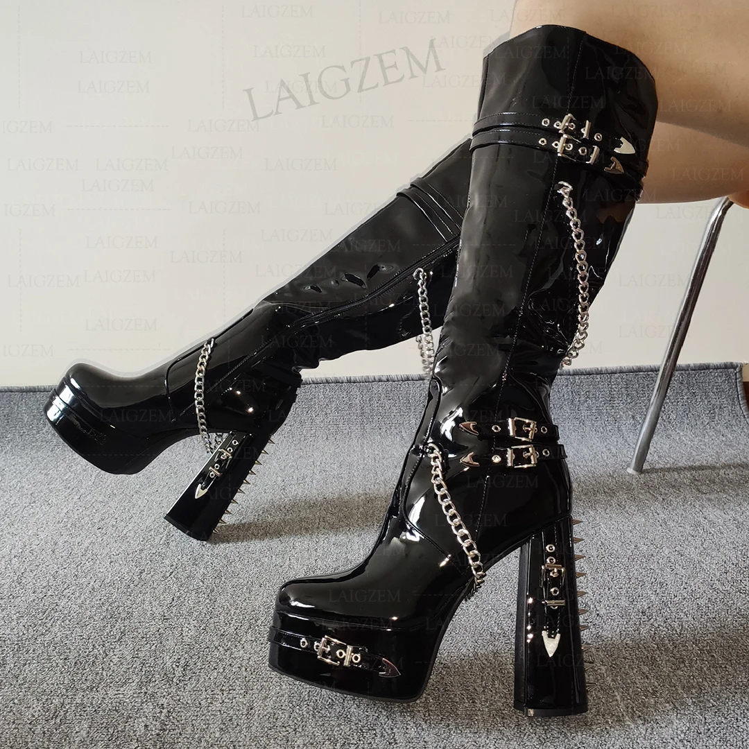 LAIGZEM Women Knee High Boots Studded Platform Shiny Full Zipper Chunky High Heel Boots Chains Shoes Woman Plus Size 41 43 46 52
LAIGZEM Women Knee High Boots Studded Platform Shiny Full Zipper Chunky High Heel Boots Chains Shoes Woman Plus Size 41 43 46 52