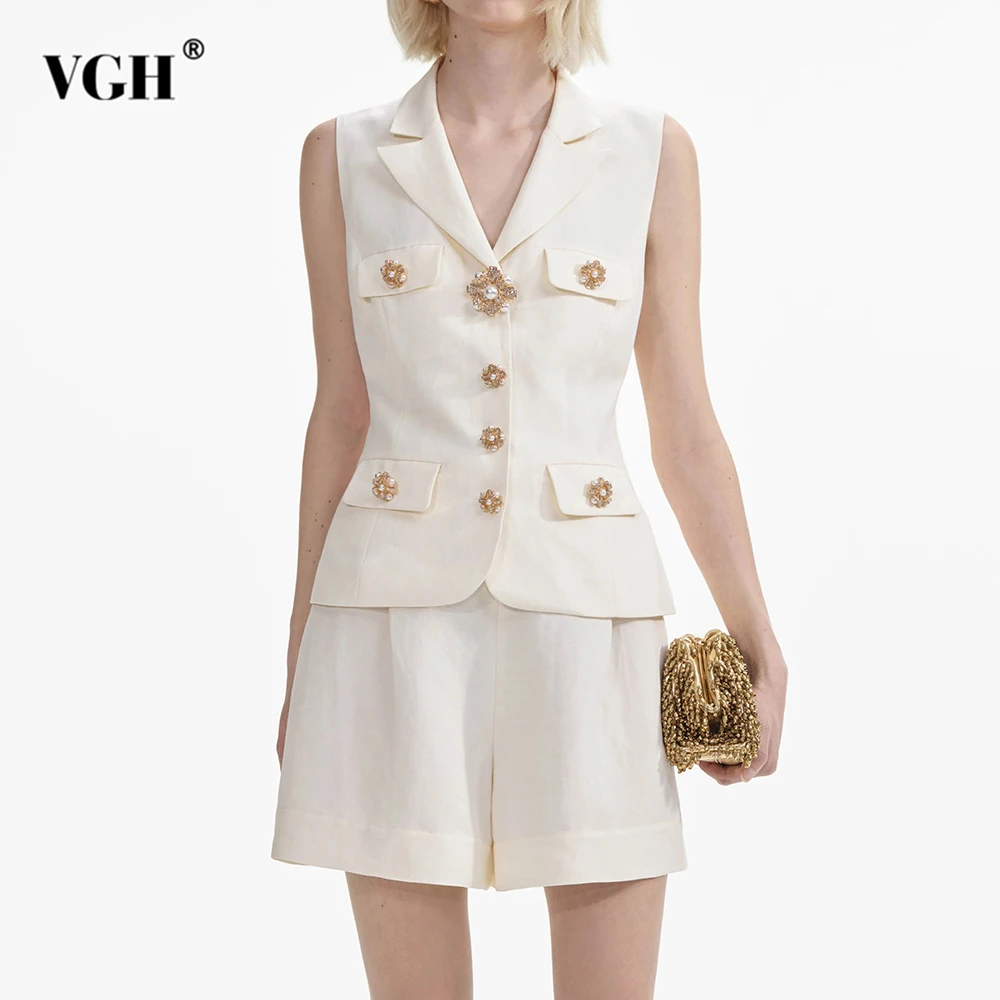 VGH Solid Slimming Elegant Shorts Sets For Women Lapel Sleeveless Spliced Button Top High Waist Short Pants Spring Set Female
VGH Solid Slimming Elegant Shorts Sets For Women Lapel Sleeveless Spliced Button Top High Waist Short Pants Spring Set Female
