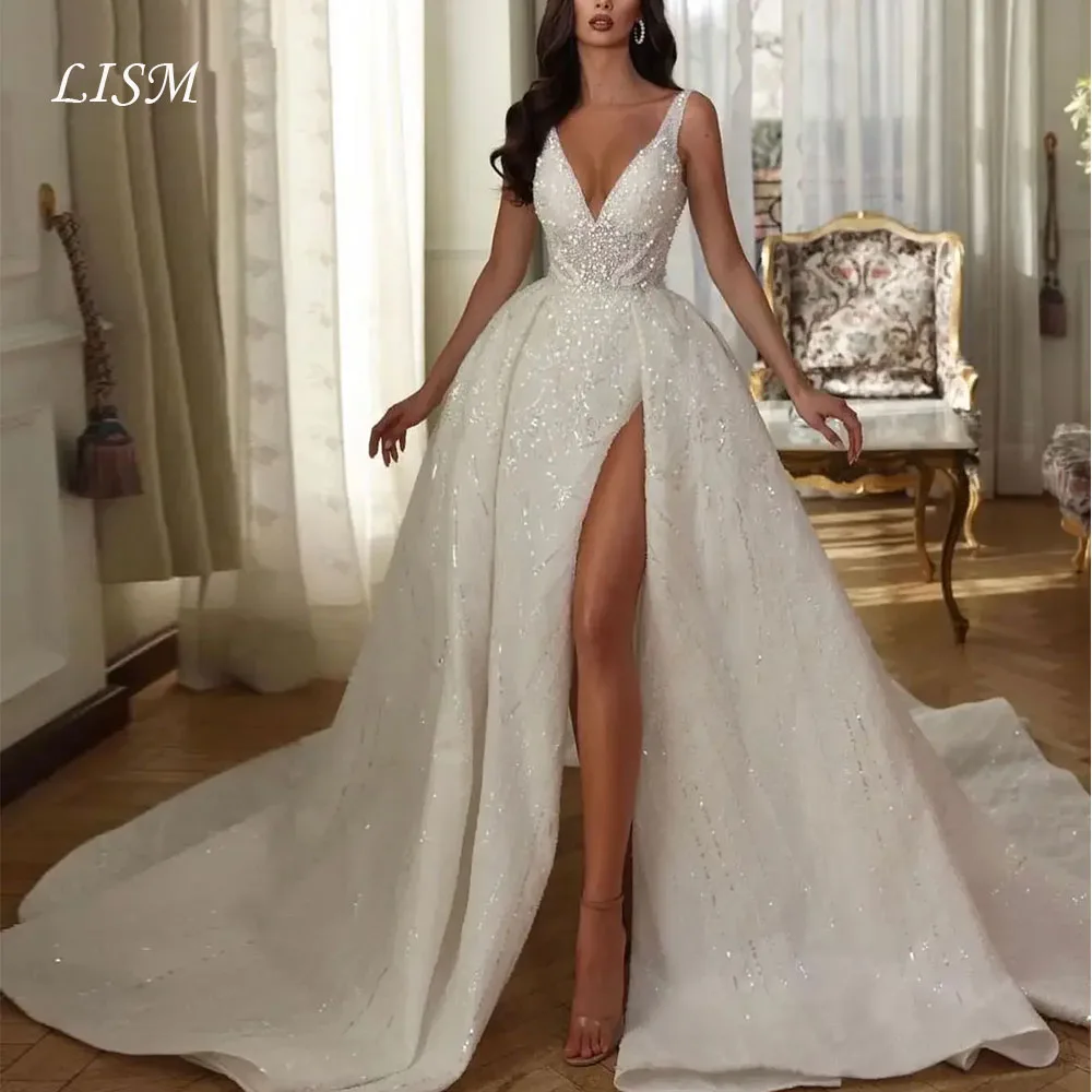 Lism Customized Stylish Ball Gown Wedding Dresses Sleeveless V Neck Sequins Straps Appliques Lace Side Slit Pearls Bridal Gowns
Lism Customized Stylish Ball Gown Wedding Dresses Sleeveless V Neck Sequins Straps Appliques Lace Side Slit Pearls Bridal Gowns