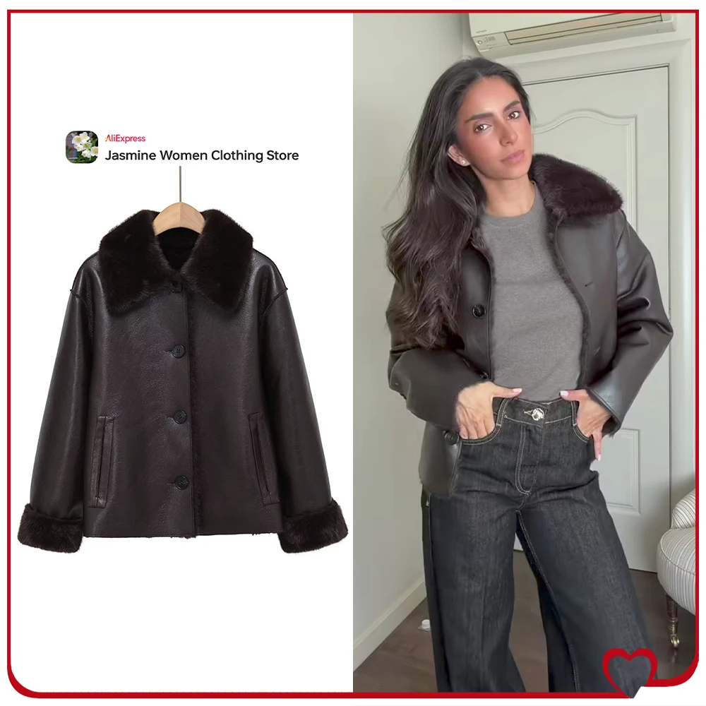 Women Reversible Double Faced Faux Leather Jacket with Combination Faux Fur and Double Welt Pockets Stylish Winter Brown Outwear
Women Reversible Double Faced Faux Leather Jacket with Combination Faux Fur and Double Welt Pockets Stylish Winter Brown Outwear