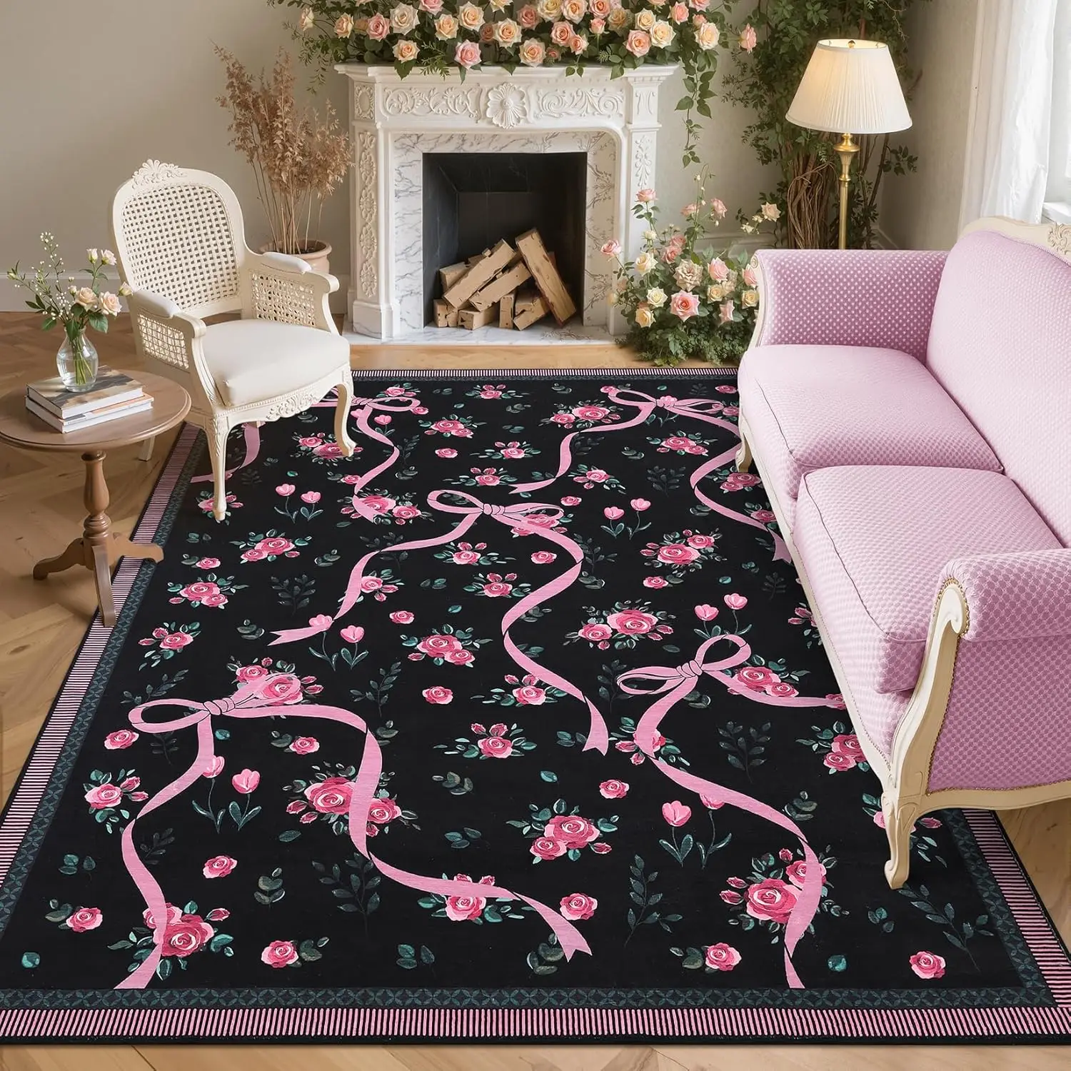 Vintage Pink Rose & Ribbon Print Area Rug, Black Background Non-Slip Floor Mat for Living Room Bedroom Home Decor Carpet
Vintage Pink Rose & Ribbon Print Area Rug, Black Background Non-Slip Floor Mat for Living Room Bedroom Home Decor Carpet