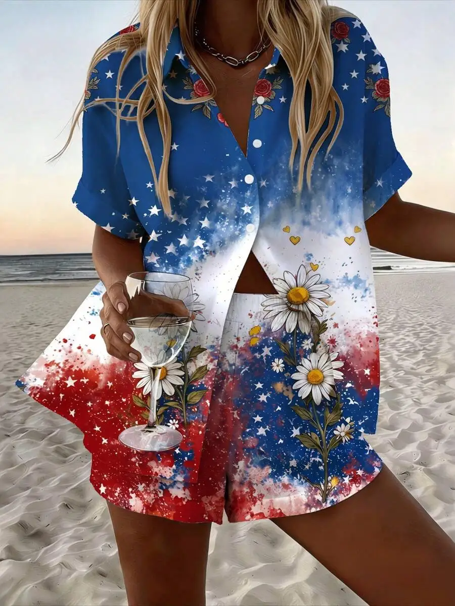 Womens 2-Piece Summer Outfit Short Sleeve Shirt And Shorts With Daisy Rose Star Print Beach Casual Set
Womens 2-Piece Summer Outfit Short Sleeve Shirt And Shorts With Daisy Rose Star Print Beach Casual Set