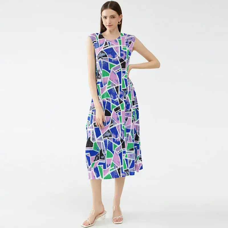 Summer Fashion Printed Dress round Neck Sleeveless Block Color Midi Length Pleated Skirt Casual Style Polyester Fiber
Summer Fashion Printed Dress round Neck Sleeveless Block Color Midi Length Pleated Skirt Casual Style Polyester Fiber